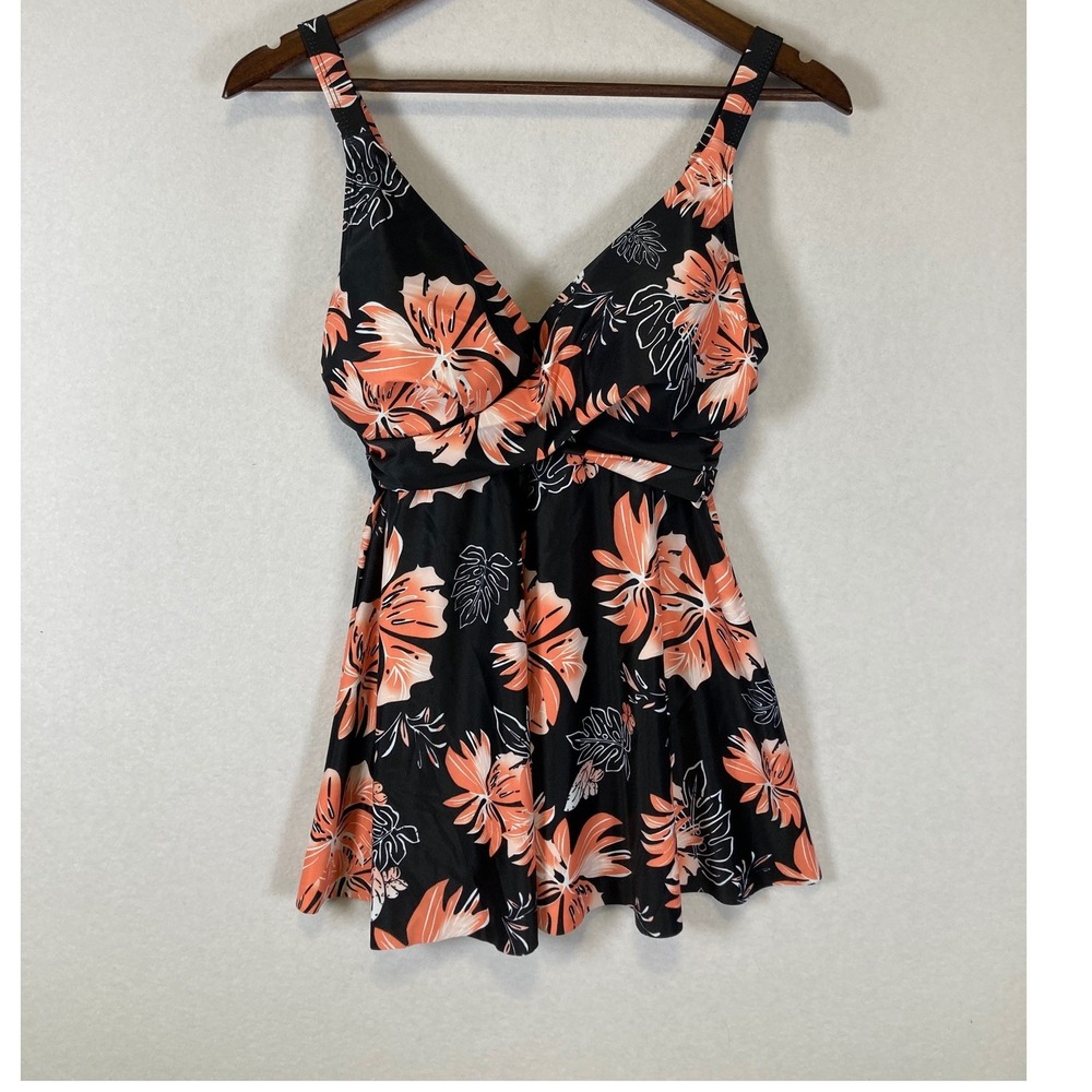 Tropical Floral‎ Unbranded Women Size S Black Peach Twist Front Tankini Swim Top